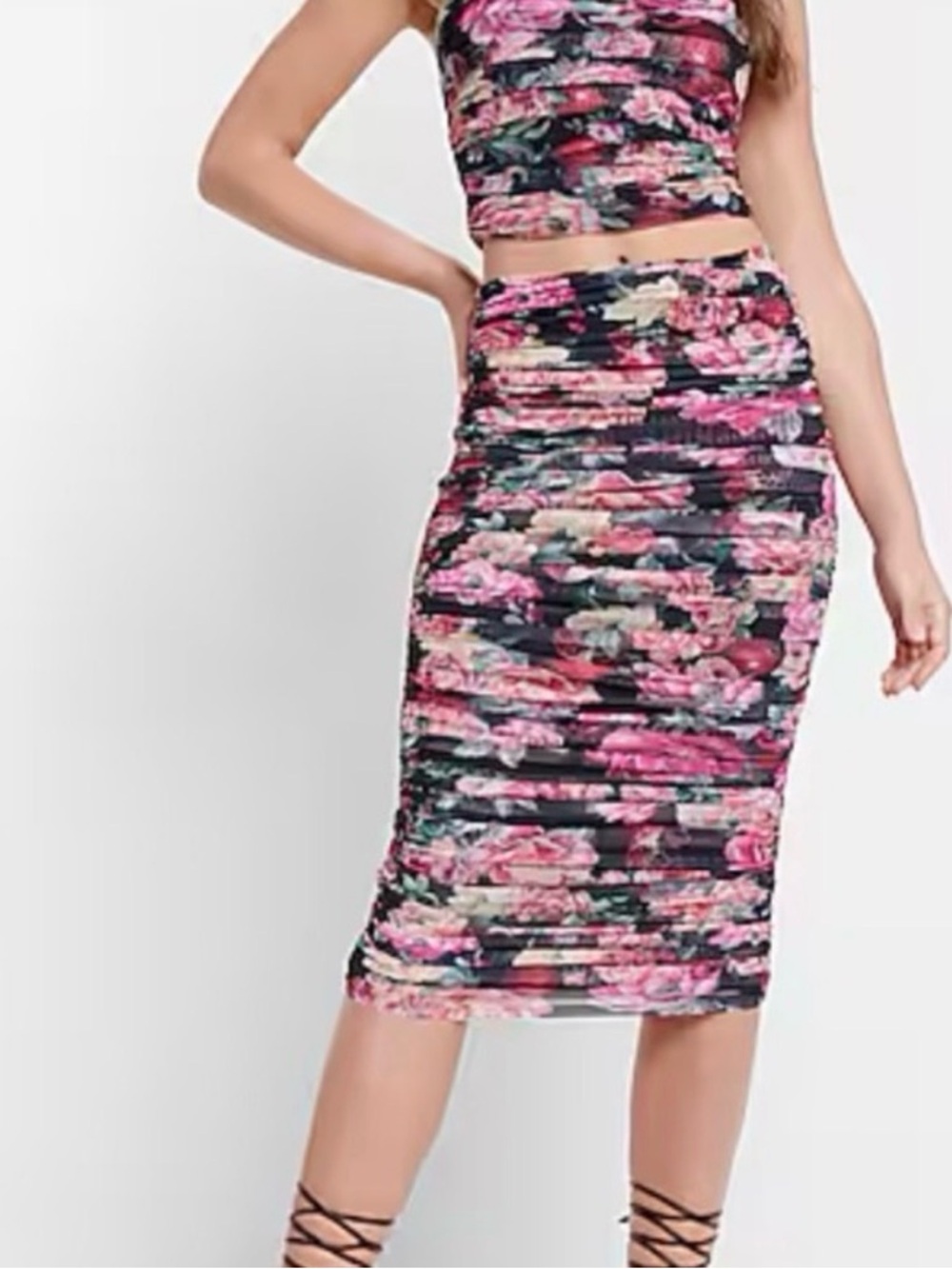 Express Floral Ruched Pencil Skirt